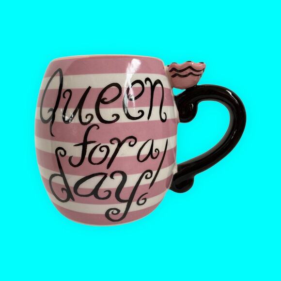 Queen for a Day Coffee Mug Cup Pier One Pink Stripes Black Polka Dot Interior - Picture 8 of 8